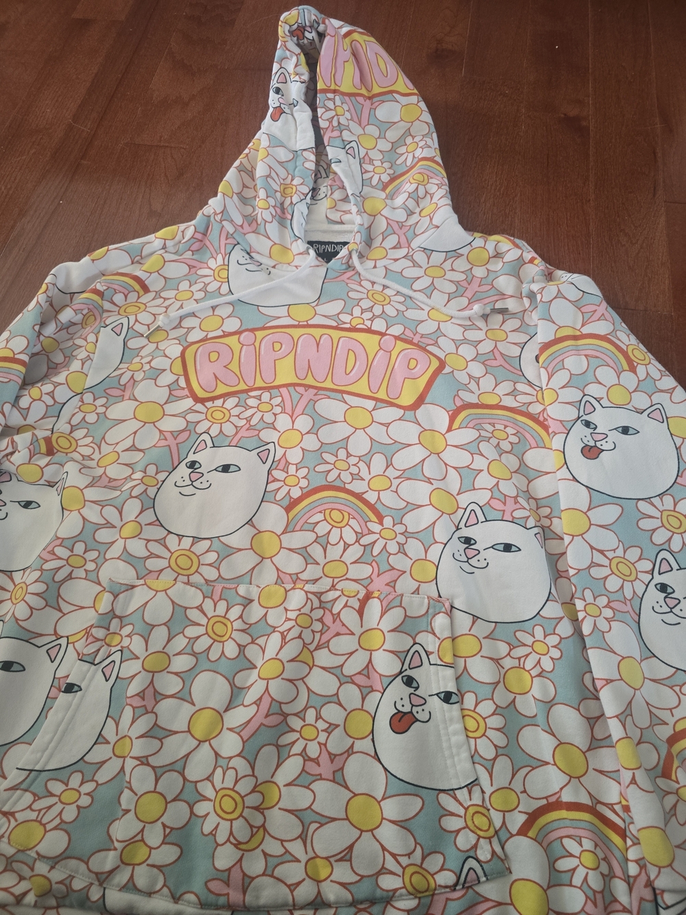 Ripndip Pastel Floral Cat Hoodie in Yellow, Pink & Light Blue Size L